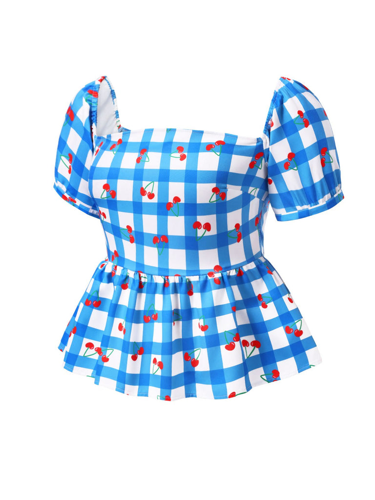 [Pre-Sale] [Plus Size] Blue 1950s Square Neck Cherry Plaid Top