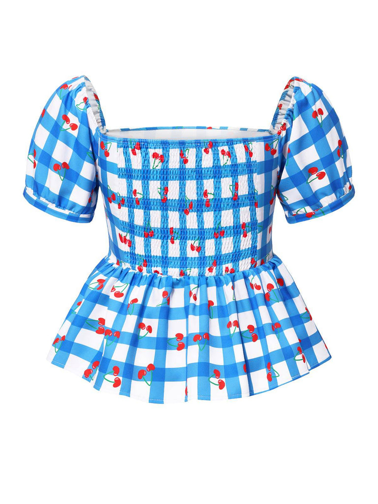 [Pre-Sale] [Plus Size] Blue 1950s Square Neck Cherry Plaid Top