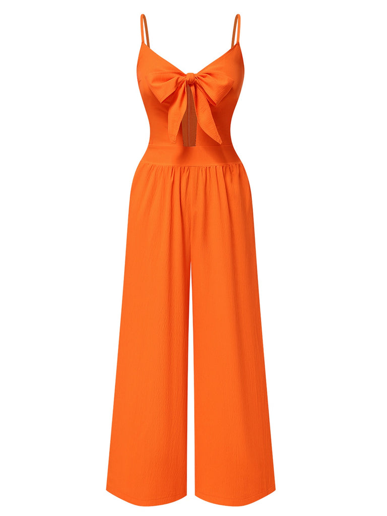 1940s Solid V-Neck Hollow-Out Bow Straps Jumpsuit