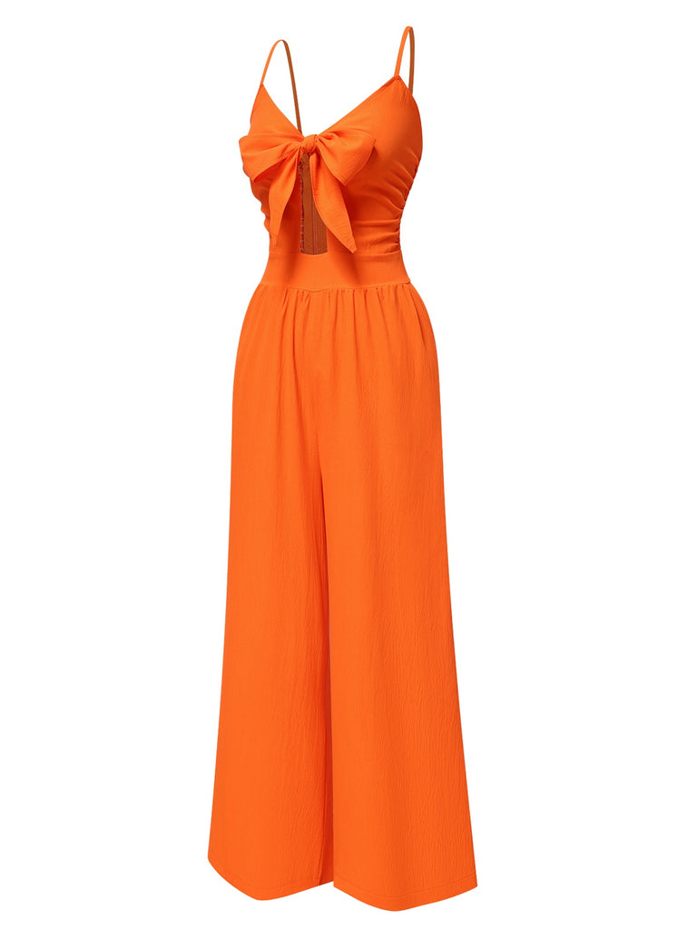 1940s Solid V-Neck Hollow-Out Bow Straps Jumpsuit