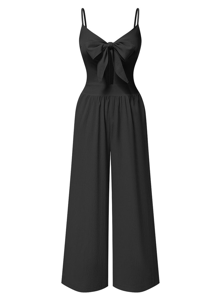 1940s Solid V-Neck Hollow-Out Bow Straps Jumpsuit