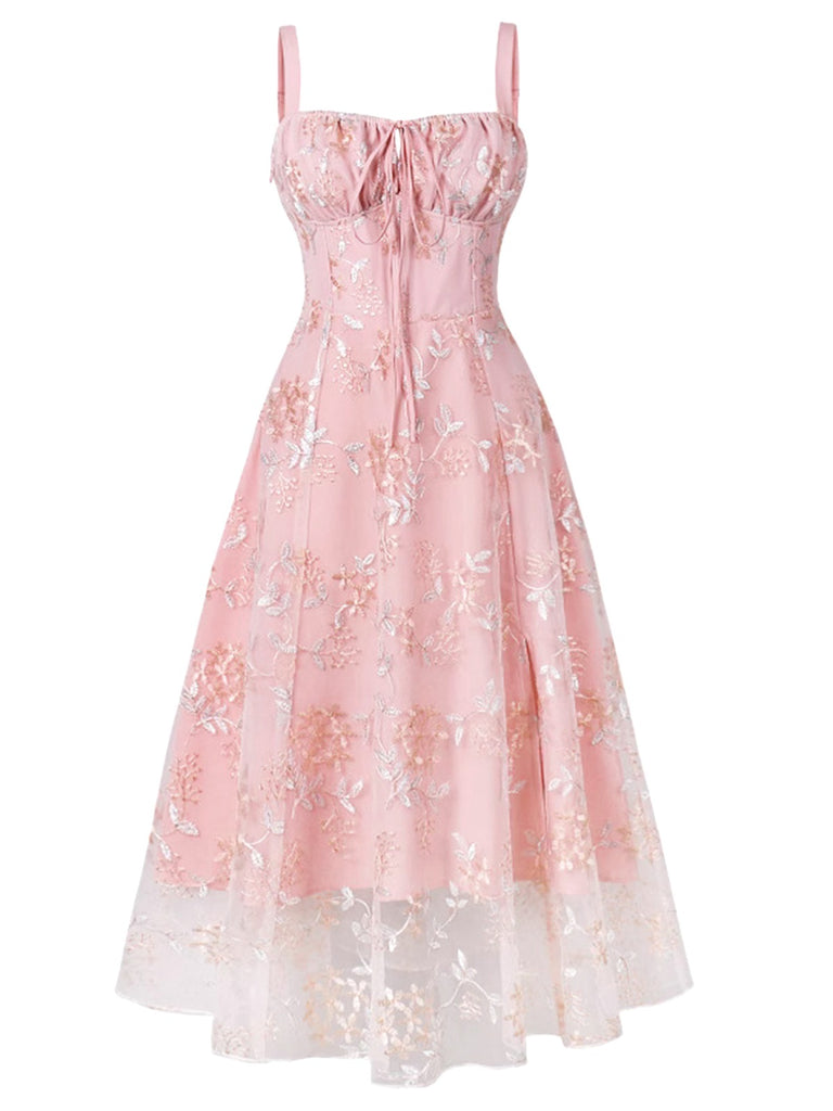 Pink 1950s Lace-Up Straps Floral Mesh Dress