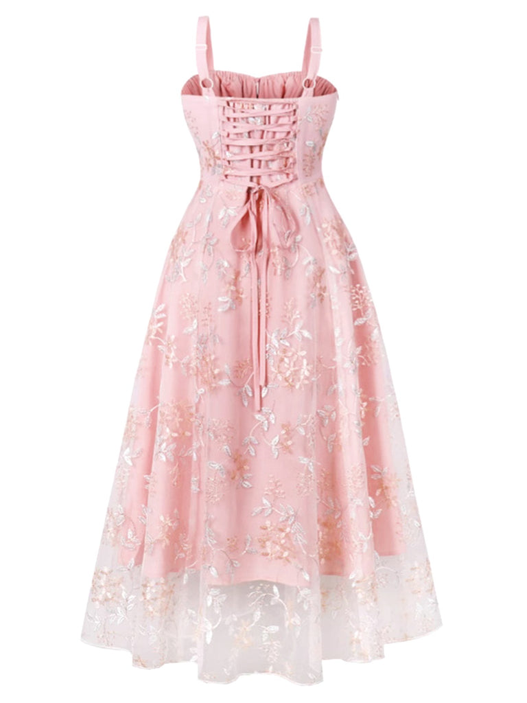 Pink 1950s Lace-Up Straps Floral Mesh Dress