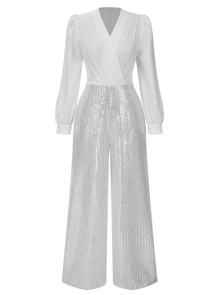 1930s V-Neck Puff Sleeve Sequins Wide-Leg Jumpsuit