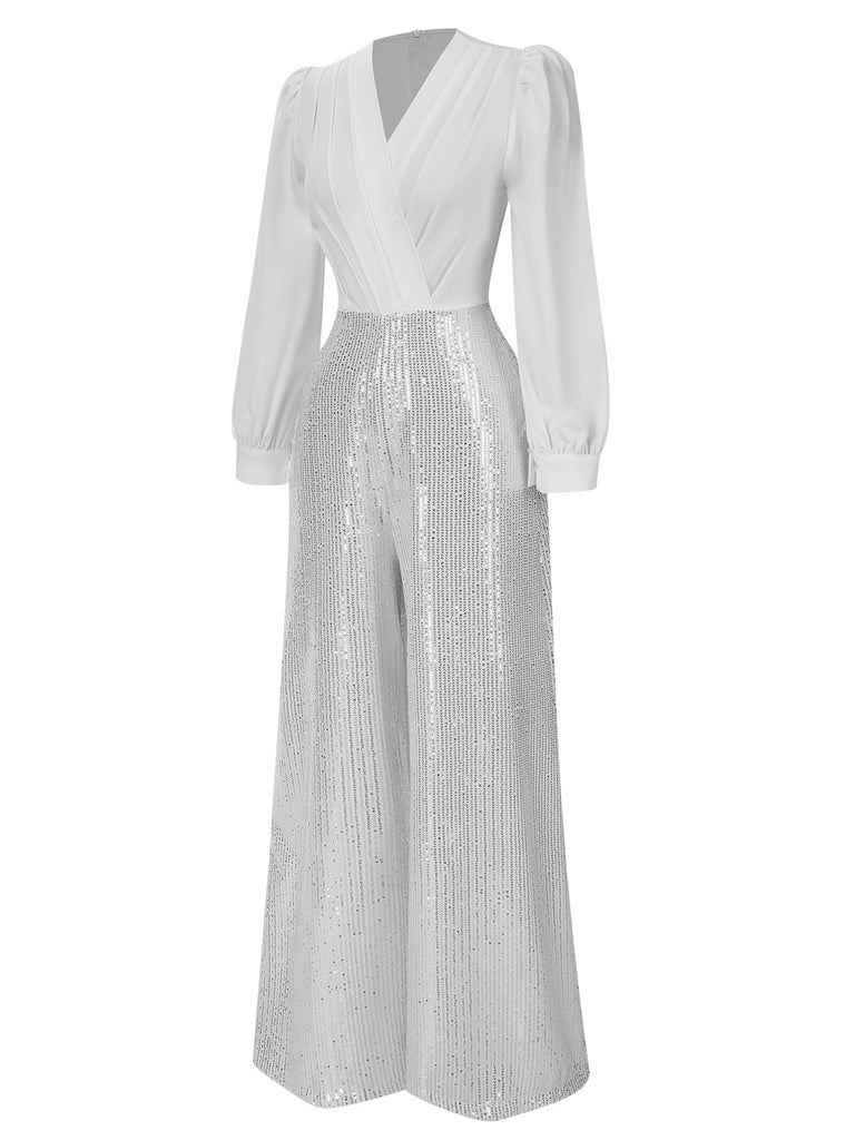 1930s V-Neck Puff Sleeve Sequins Wide-Leg Jumpsuit