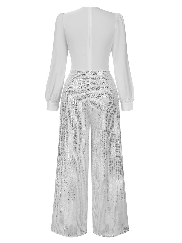 1930s V-Neck Puff Sleeve Sequins Wide-Leg Jumpsuit