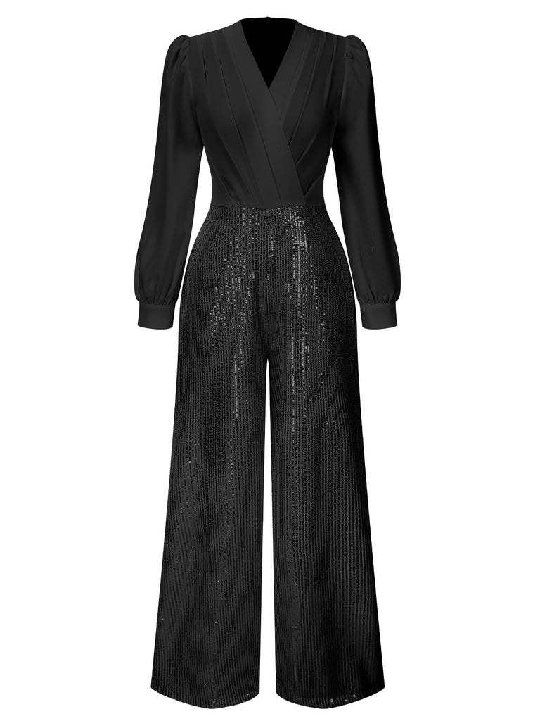 1930s V-Neck Puff Sleeve Sequins Wide-Leg Jumpsuit