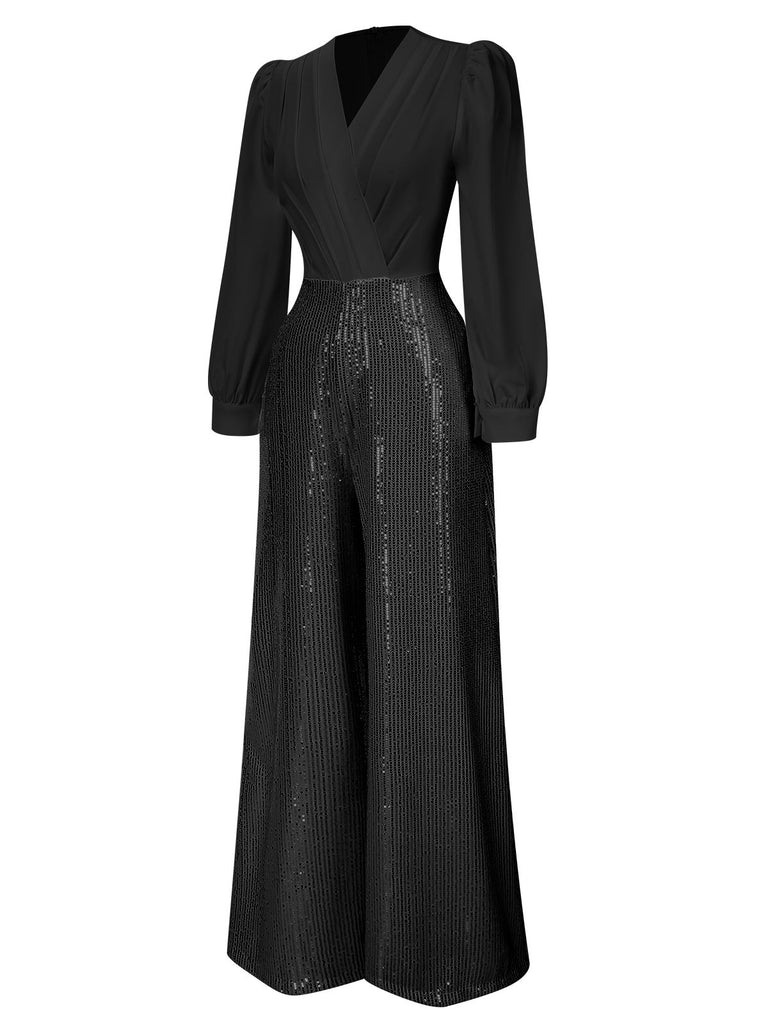 1930s V-Neck Puff Sleeve Sequins Wide-Leg Jumpsuit