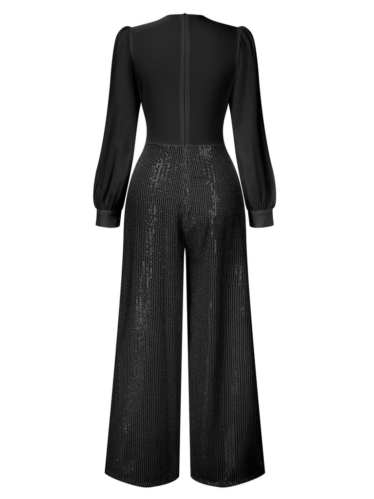 1930s V-Neck Puff Sleeve Sequins Wide-Leg Jumpsuit