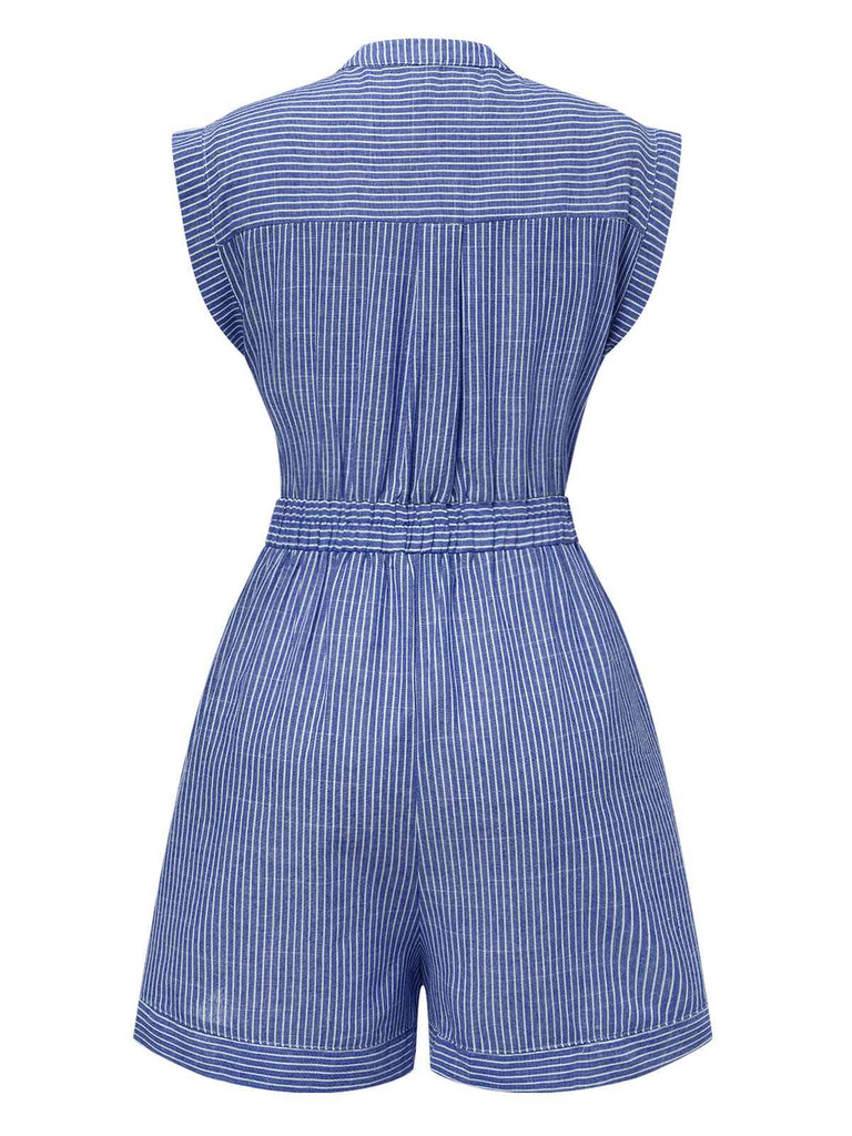 1940s V-Neck Pockets Belted Stripe Romper