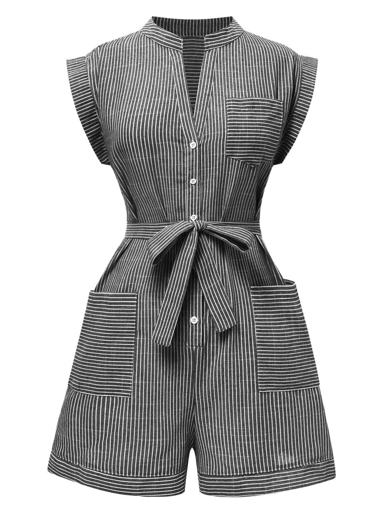 1940s V-Neck Pockets Belted Stripe Romper