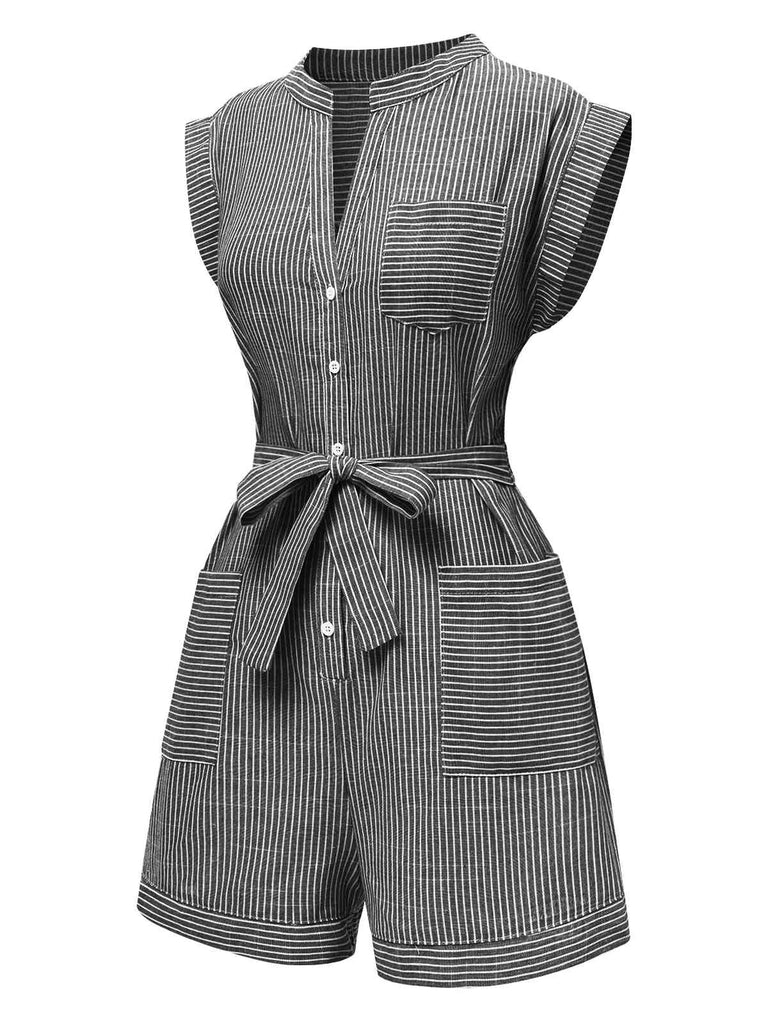 1940s V-Neck Pockets Belted Stripe Romper