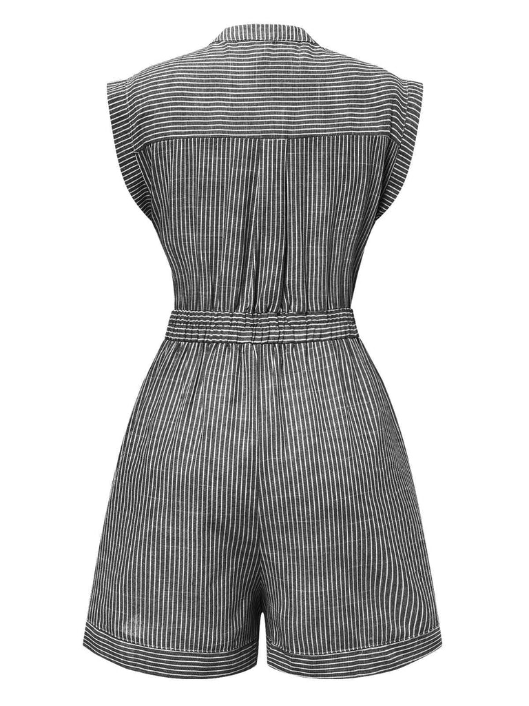 1940s V-Neck Pockets Belted Stripe Romper