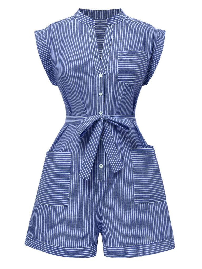 1940s V-Neck Pockets Belted Stripe Romper