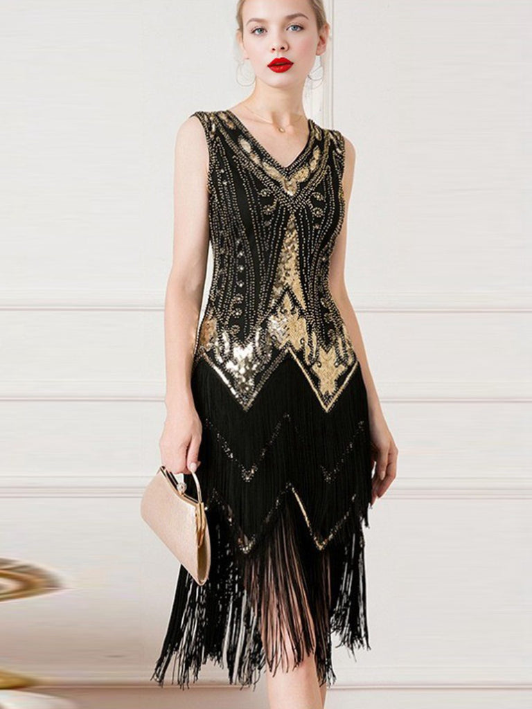 [Pre-Sale] Black 1920s Multi-Layered Sequined Fringe Dress