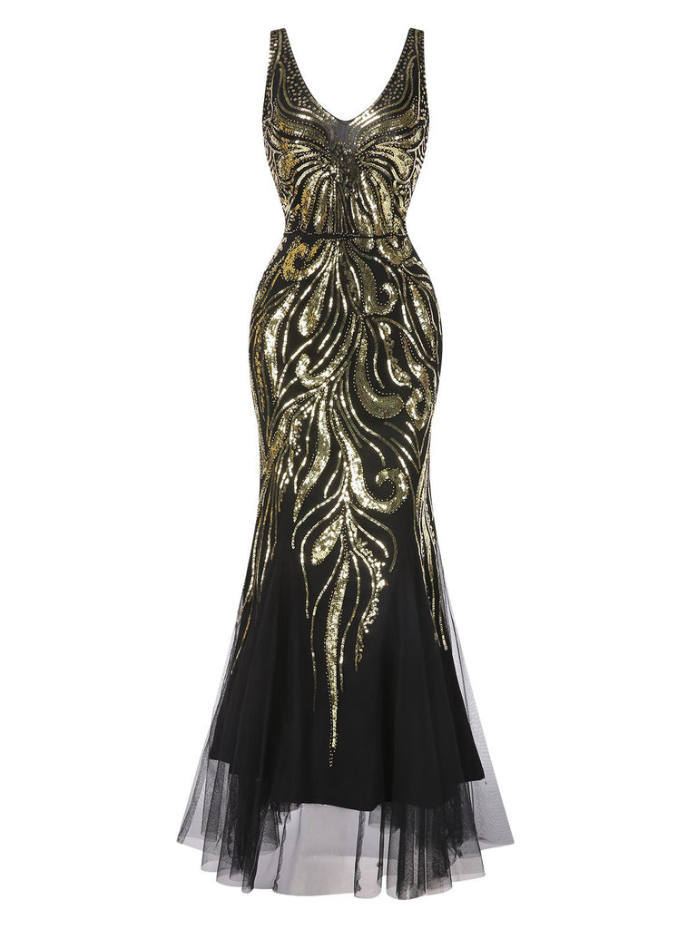 [Pre-Sale] Black 1920s Mesh Patchwork Sequined Mermaid Dress