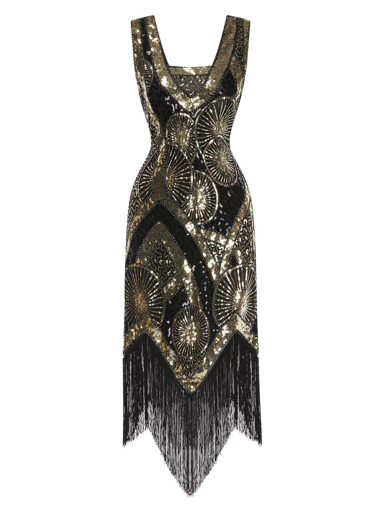 [Pre-Sale] Black 1920s Sequined Fringed Hem Patchwork Dress