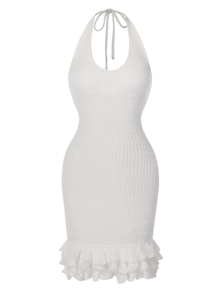 White 1960s Solid Knitted Overlay Dress