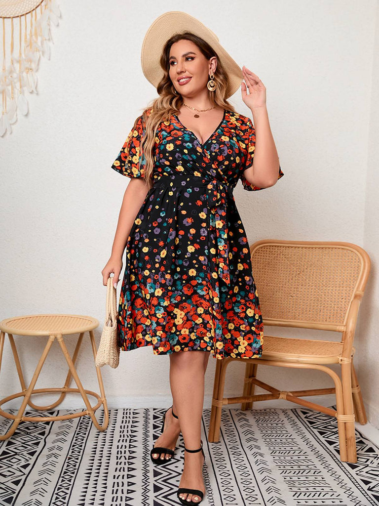 Plus Size] 1950s Multicolored Floral Flare Sleeve Dress