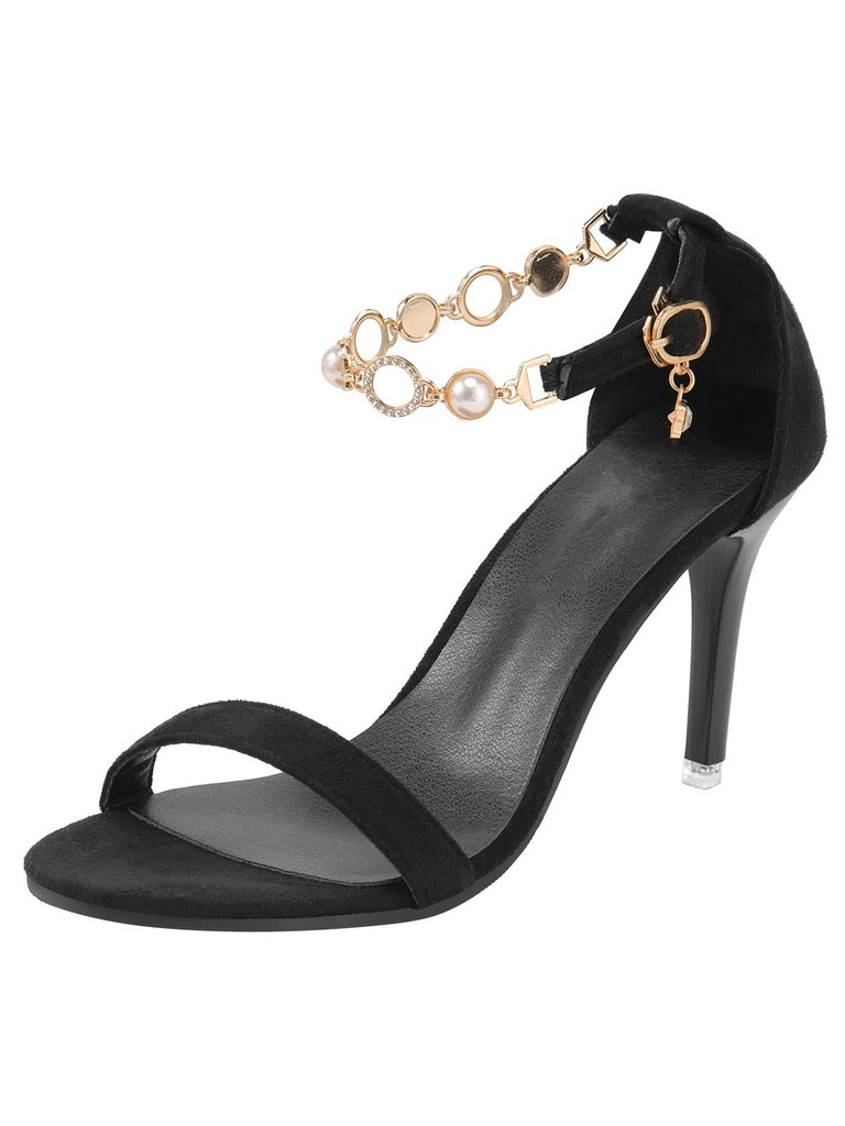 Black Pearl Chain Metal Point Toe Cone Heels | Retro Stage