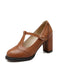 Retro Leather T-Strap Chunky Heel Shoes