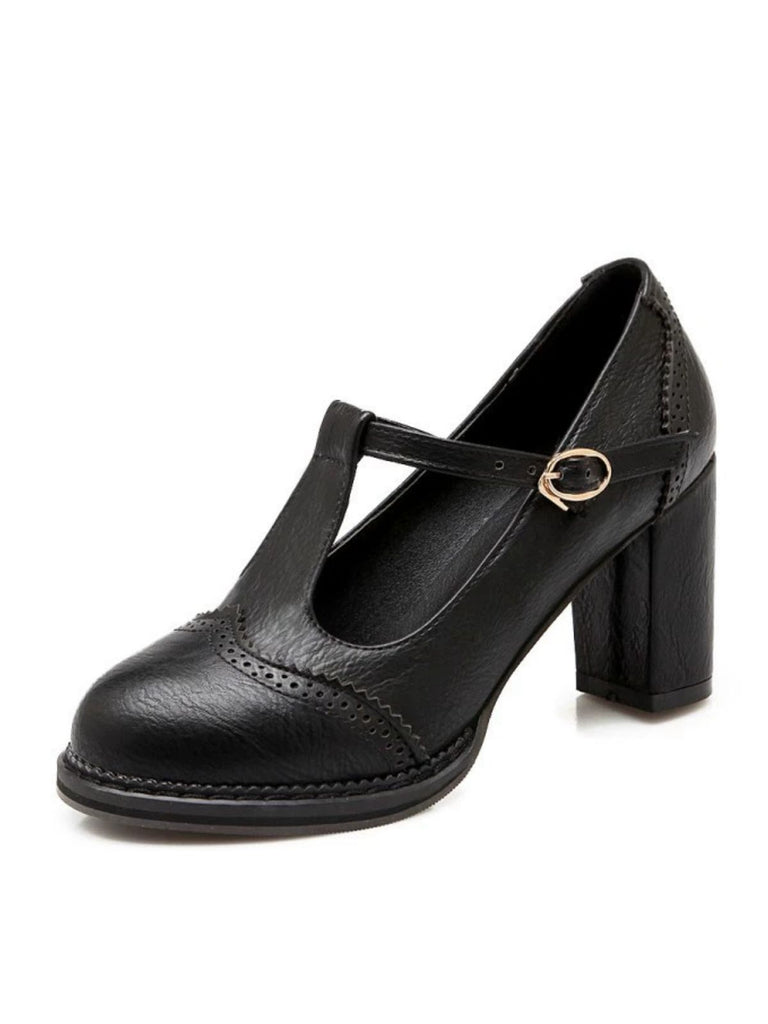 Retro Leather T-Strap Chunky Heel Shoes