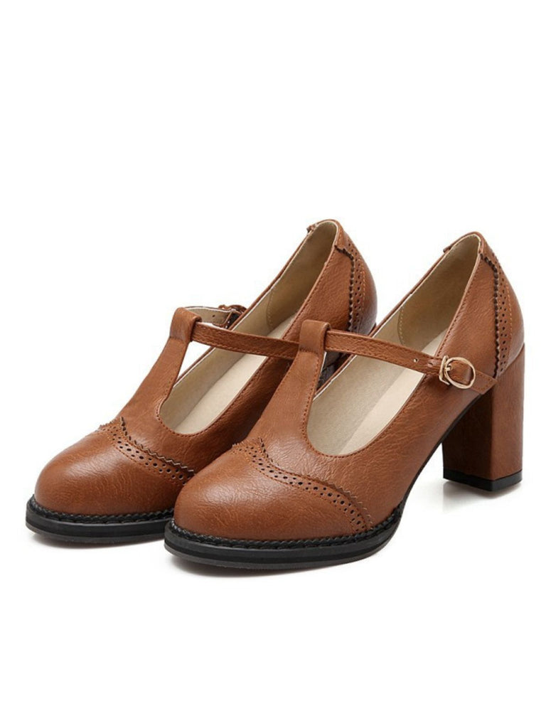 Retro Leather T-Strap Chunky Heel Shoes