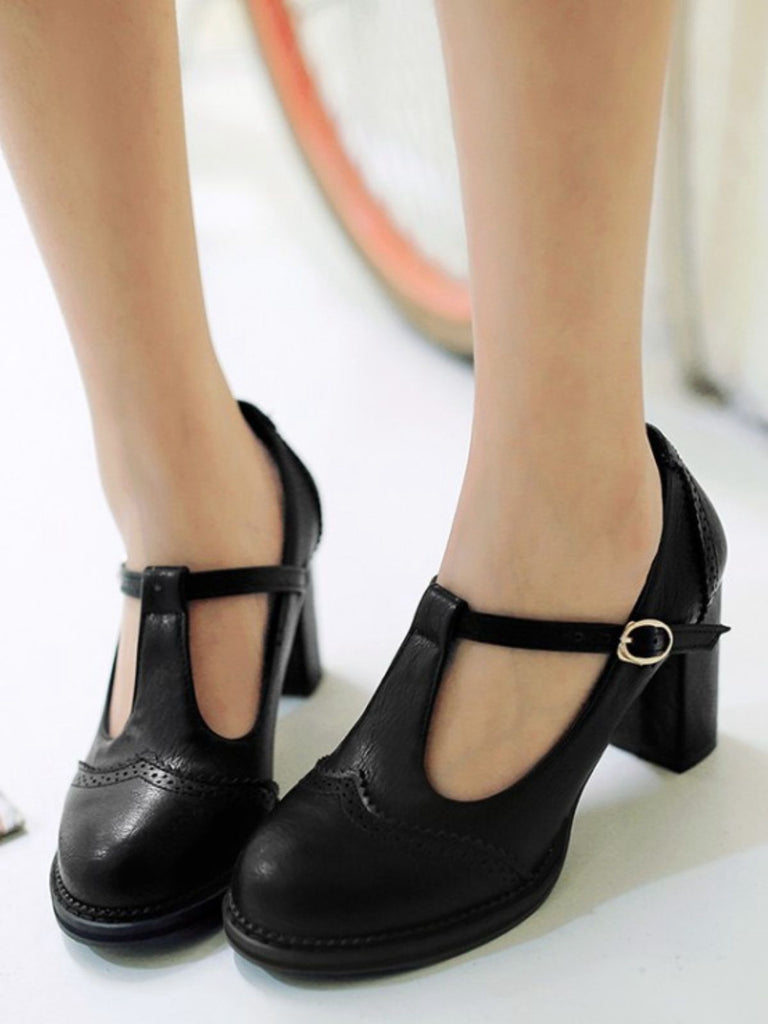 Retro Leather T-Strap Chunky Heel Shoes