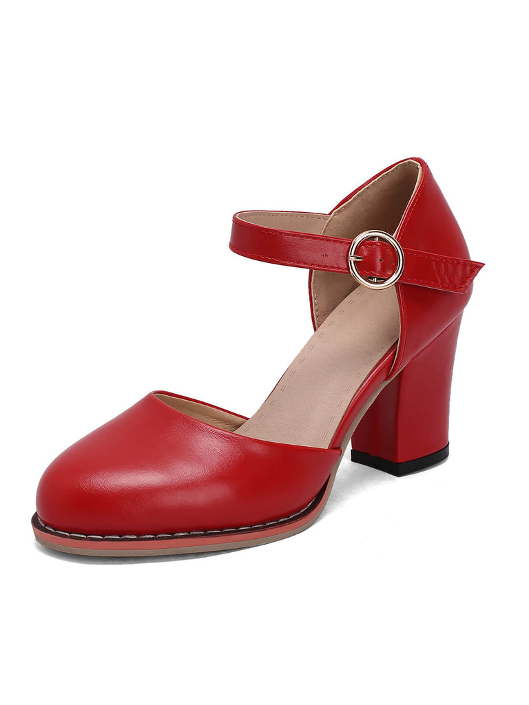 Retro PU Leather Chunky High Heels