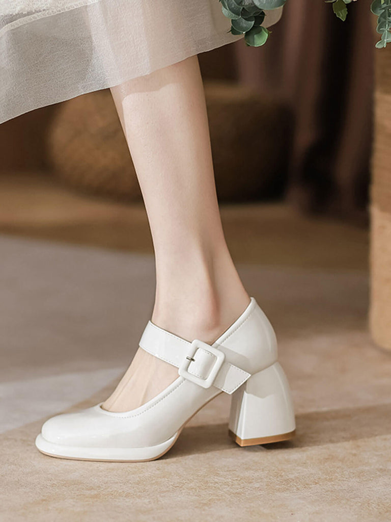 Retro Square-Toe High Heel Leather Shoes