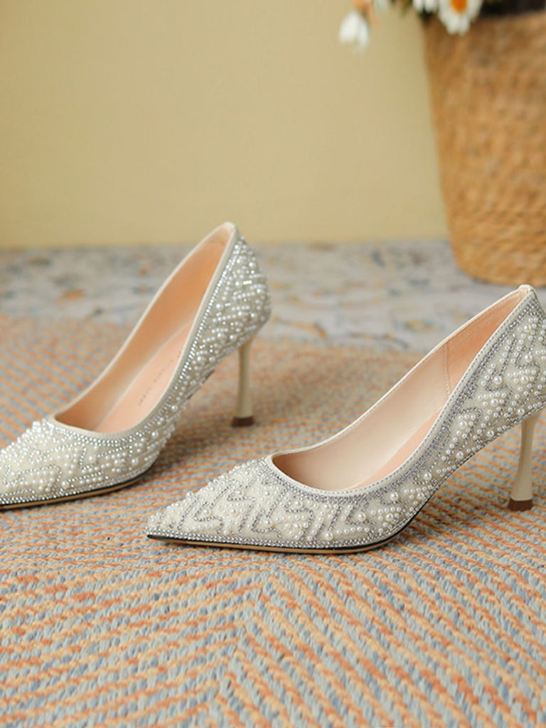 Rhinestone Pearl Pointed Toe Stilettos Shoes