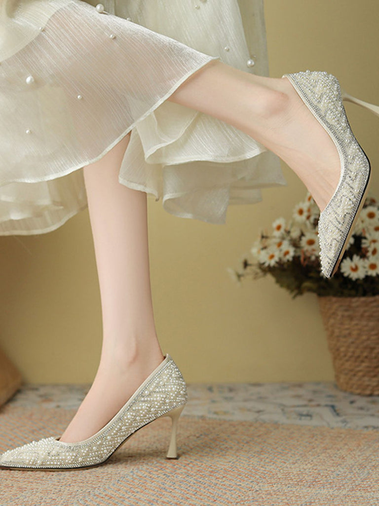 Rhinestone Pearl Pointed Toe Stilettos Shoes