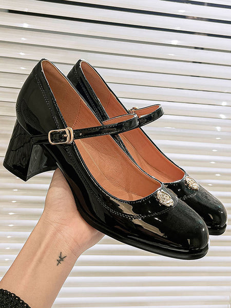 Round Toe Patent Leather Mid-Heeled Shoes | Retro Stage