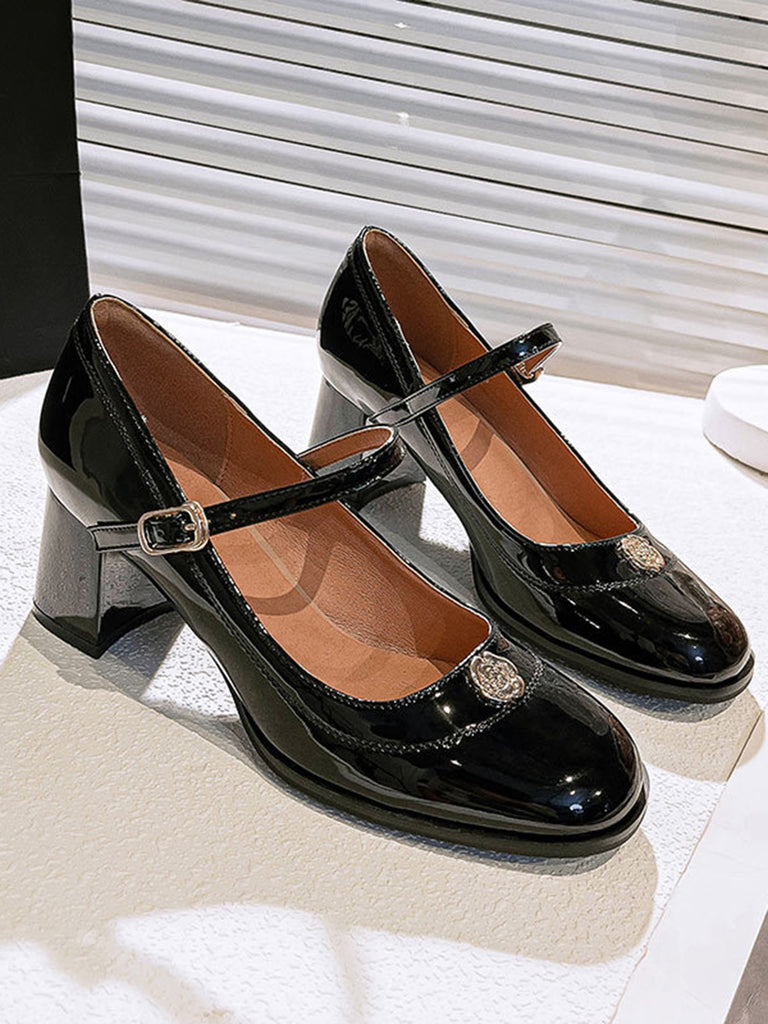 Round Toe Patent Leather Mid-Heeled Shoes