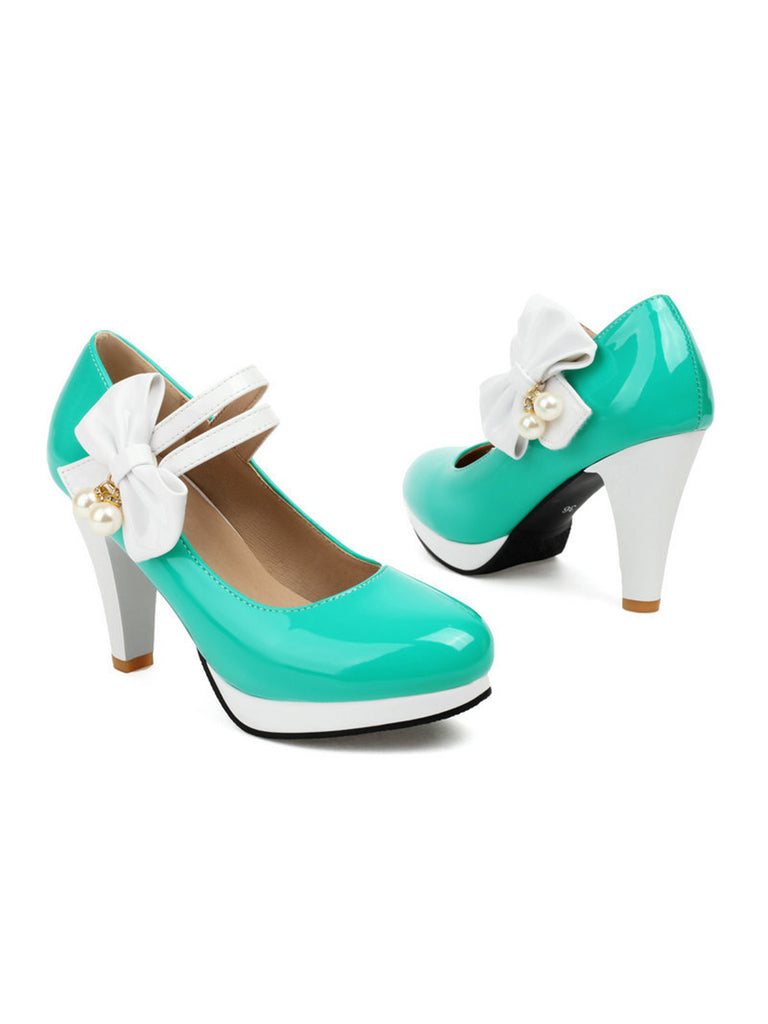 Mary Jane Color Block Side Bow High Heel Shoes