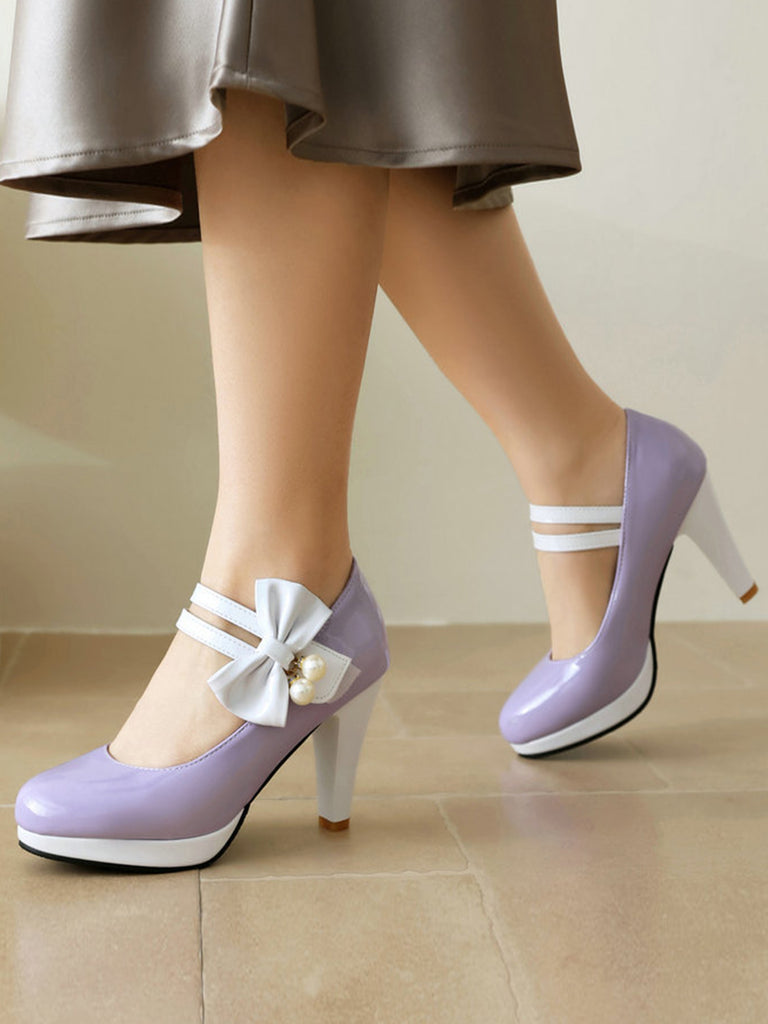 Mary Jane Color Block Side Bow High Heel Shoes