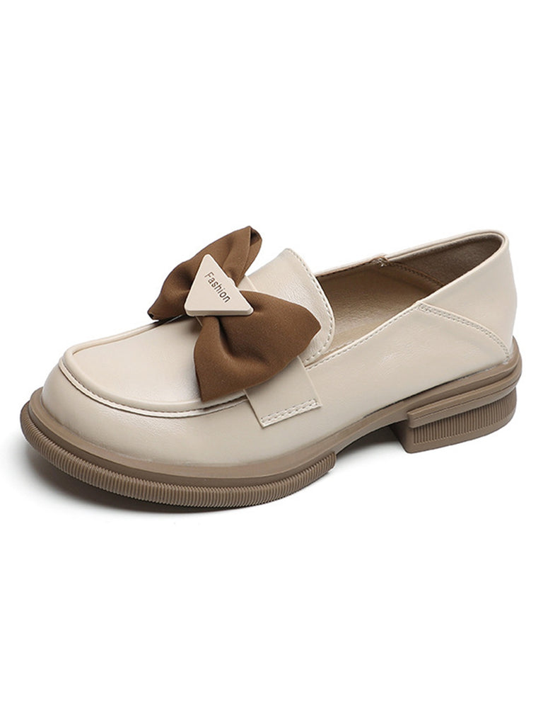 Retro Beige Round Toe Leather Loafers Shoes