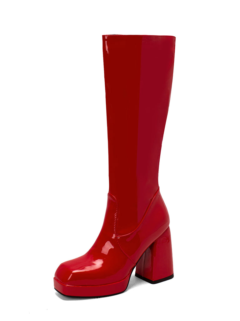 Patent Leather Round Toe Solid High Heel Boots