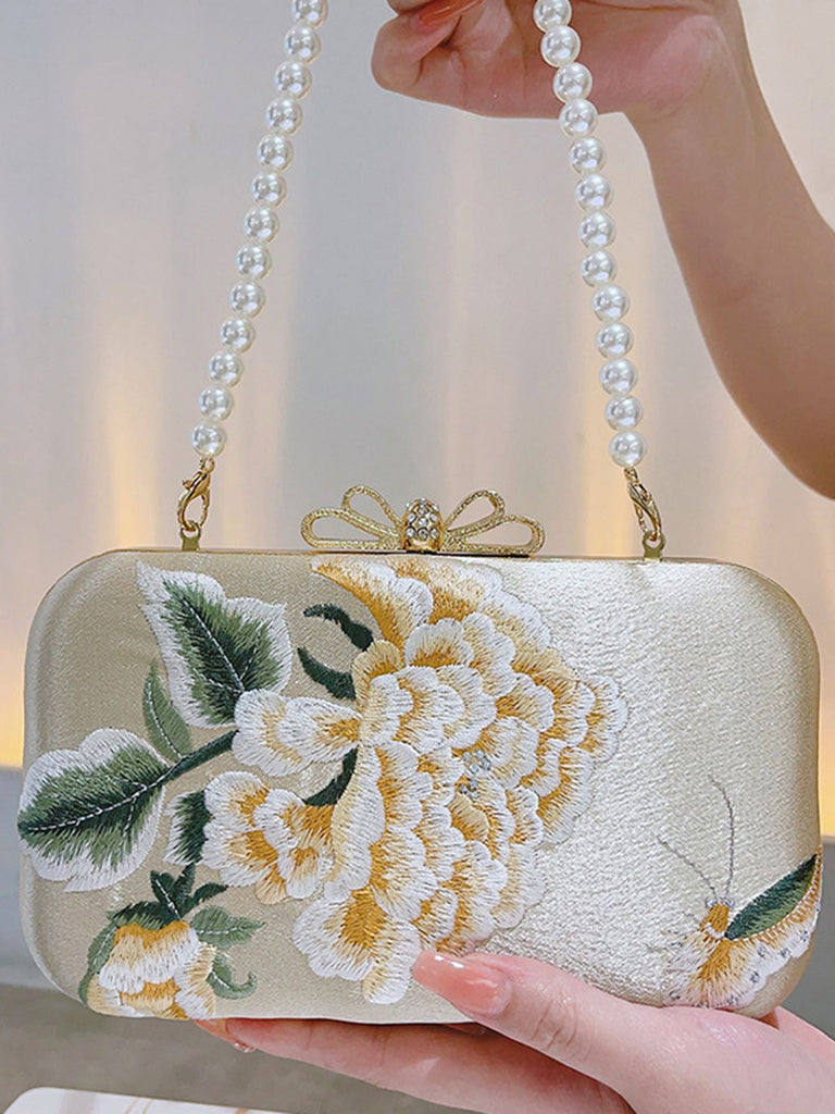 Gold Vintage Peony Embroidered Clutch