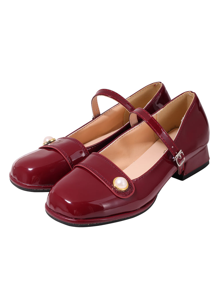 Wine Red PU Leather Pearl Mary Jane Shoes