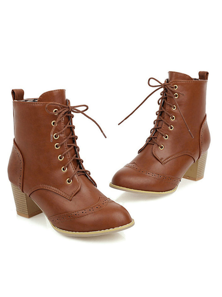 Retro Leather Medium Heel Lace-Up Combat Boots