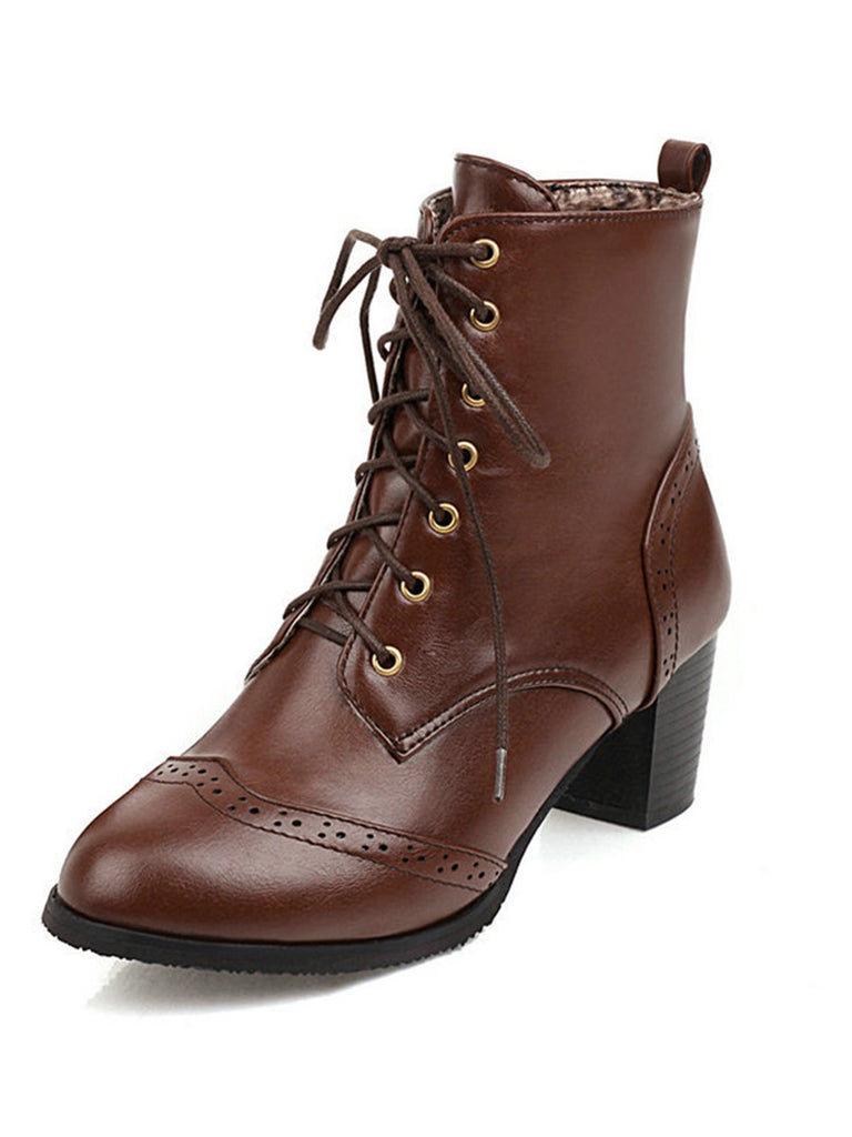 Retro Leather Medium Heel Lace-Up Combat Boots