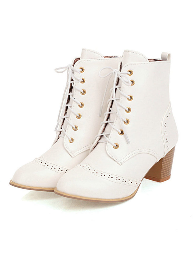 Retro Leather Medium Heel Lace-Up Combat Boots