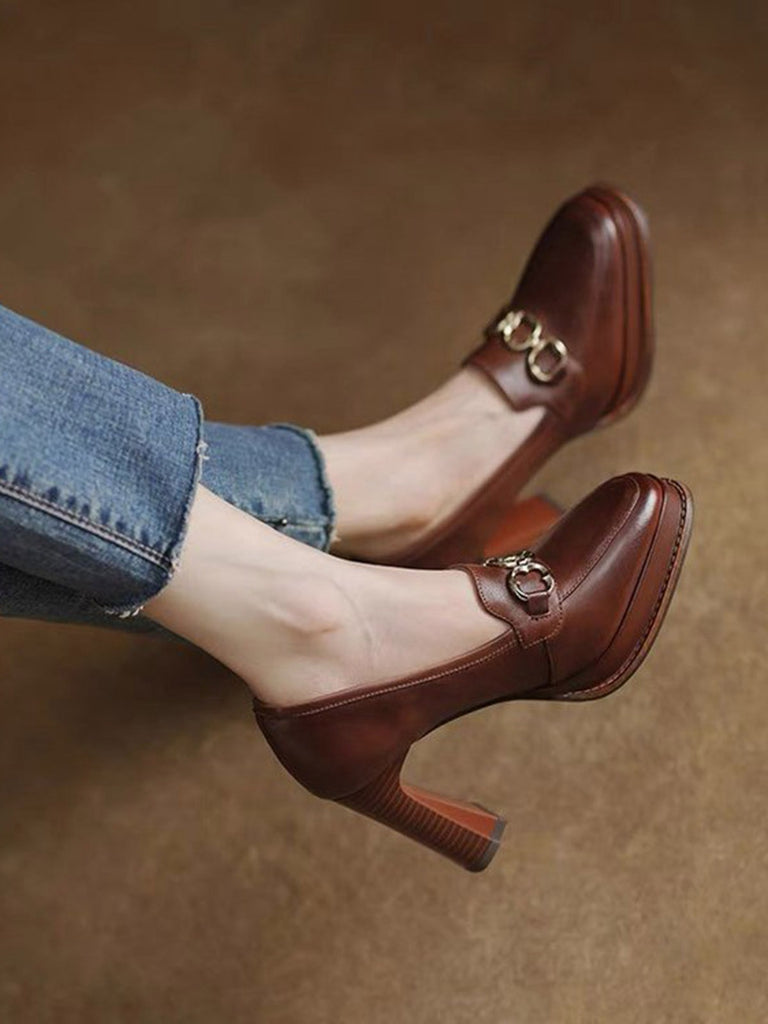 Retro Brown Faux Leather Chuny High Heels