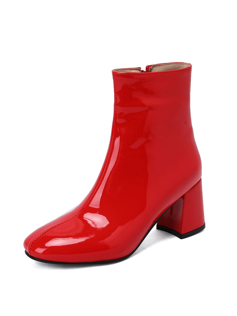 Retro Christmas Patent Leather Block Heel Ankle Boots