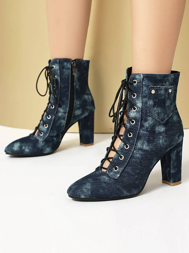 Vintage Denim Lace-Up High Heel Boots