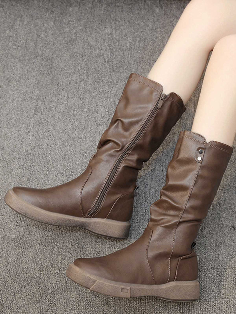 Brown Leather Stacked Pleated Flat Boots