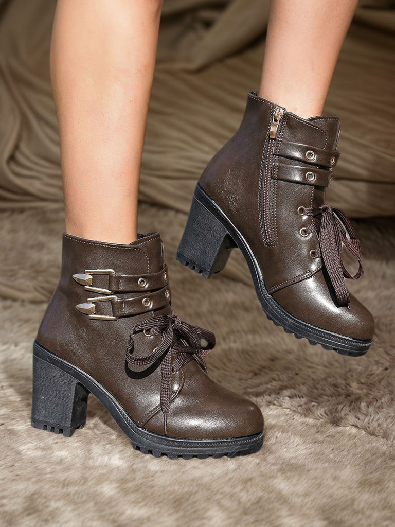 Coffee Leather Lace-Up High Heel Ankle Boots