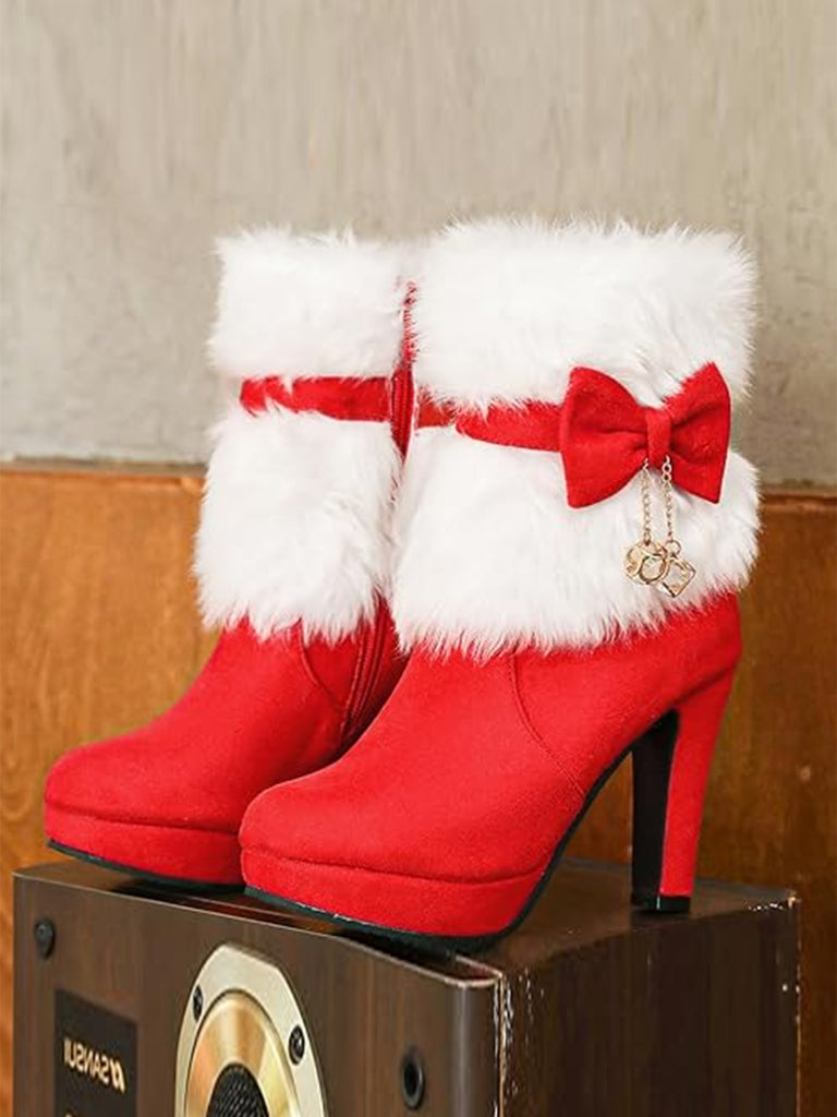 Christmas Flannelette Fur Beading Chunky Heel Boots