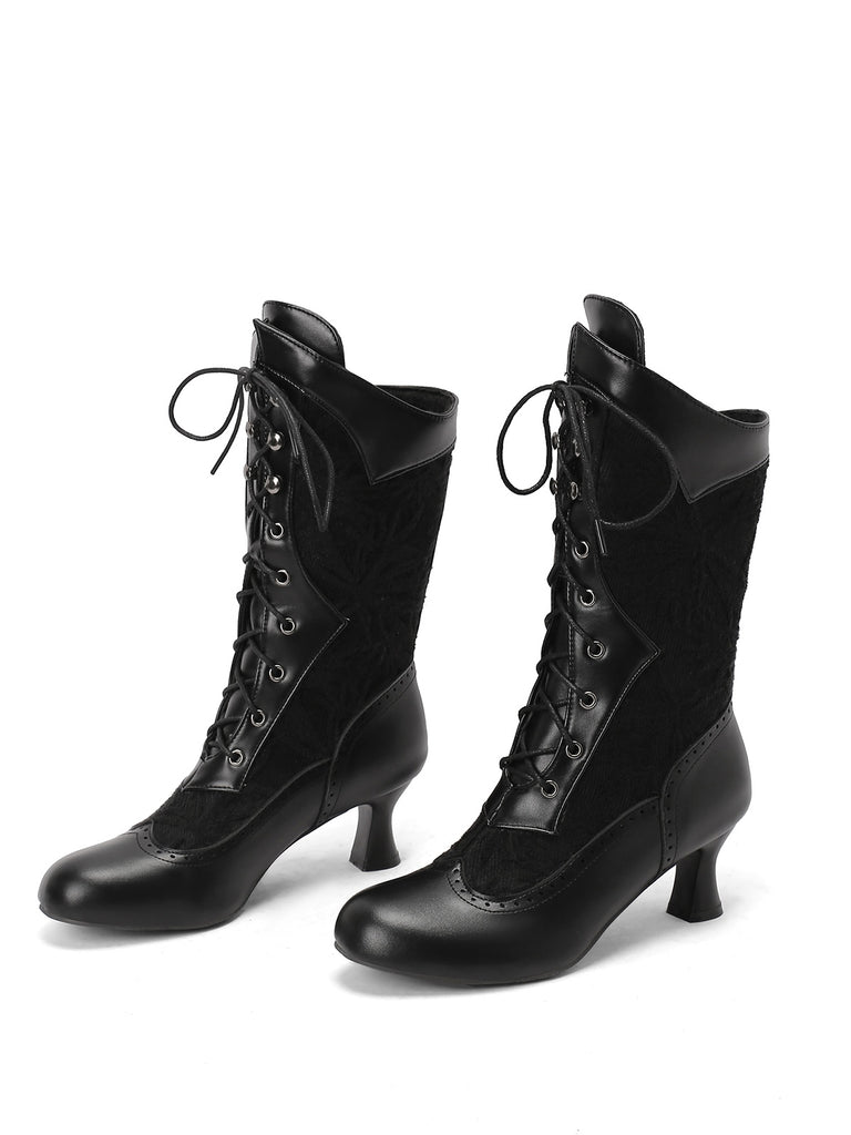 Lace Patchwork Lace-Up Calf-High Boots